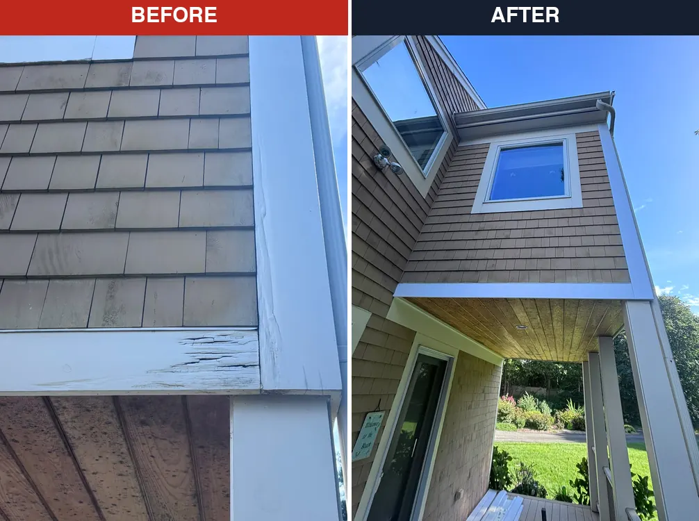 Before and after: rotted exterior trim repaired and painted